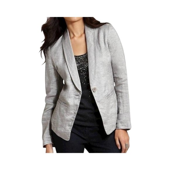 Eileen Fisher Jackets & Blazers - Eileen Fisher Gray Twinkle Linen Silver Metallic Single Button Blazer Large